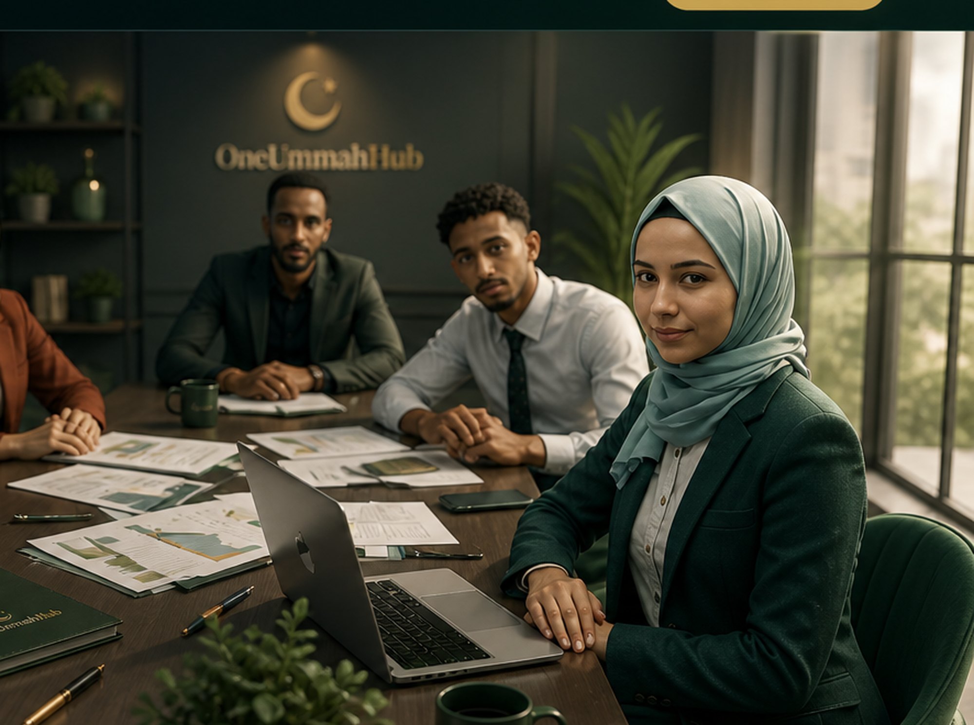 OneUmmahHub community gathering β brothers at a workspace meeting with sisters in green and orange hijabs, OneUmmahHub wall logo visible